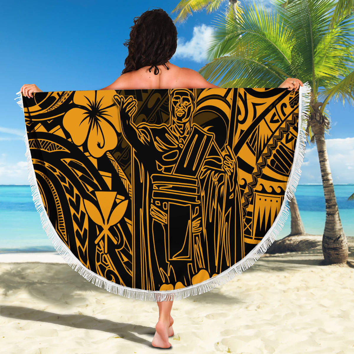 Hawaii King Kamehameha Beach Blanket Polynesian Pattern Gold Version - Wonder Print Shop
