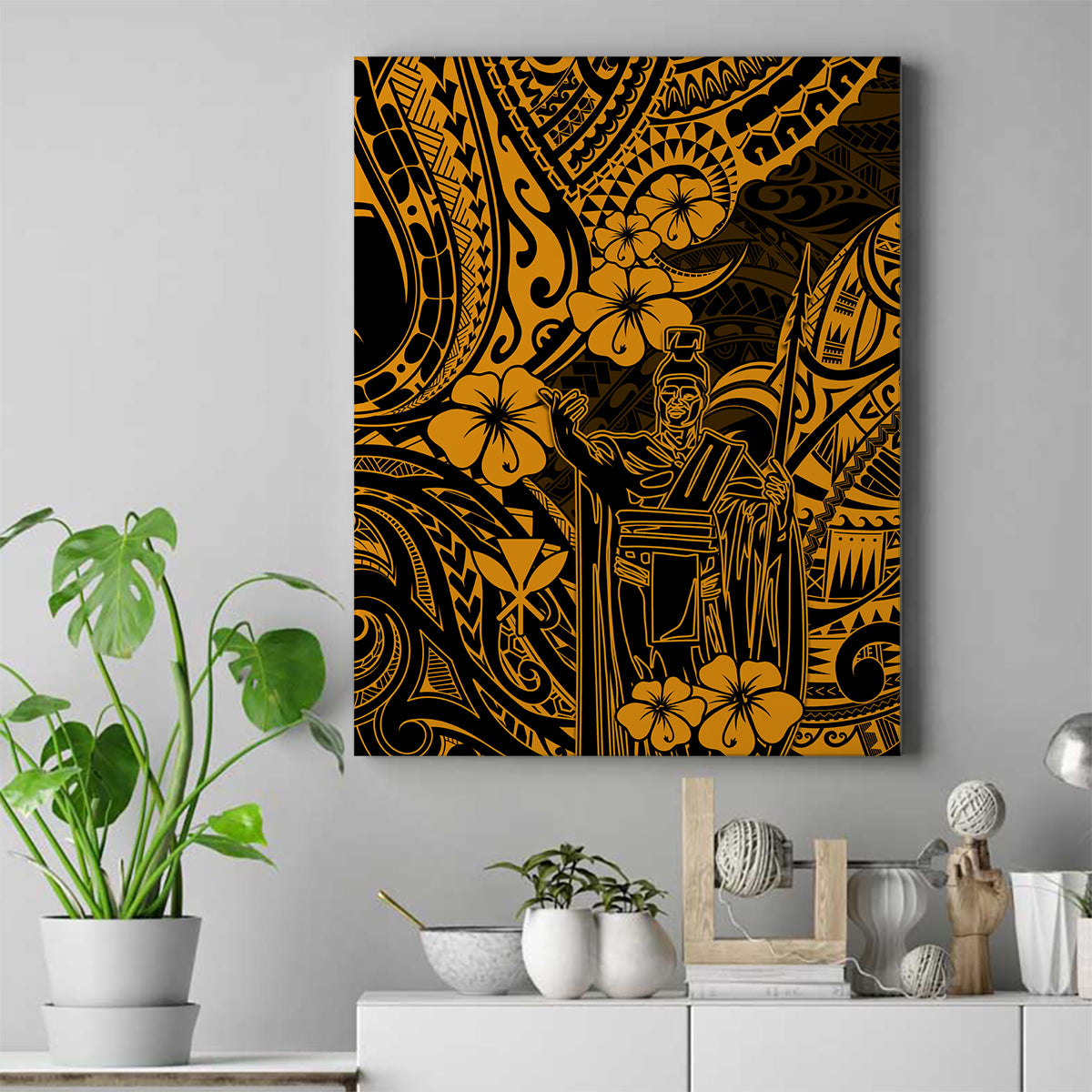 Hawaii King Kamehameha Canvas Wall Art Polynesian Pattern Gold Version - Wonder Print Shop