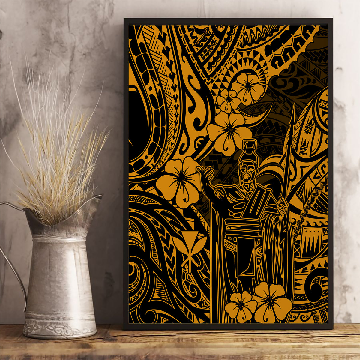 Hawaii King Kamehameha Canvas Wall Art Polynesian Pattern Gold Version - Wonder Print Shop