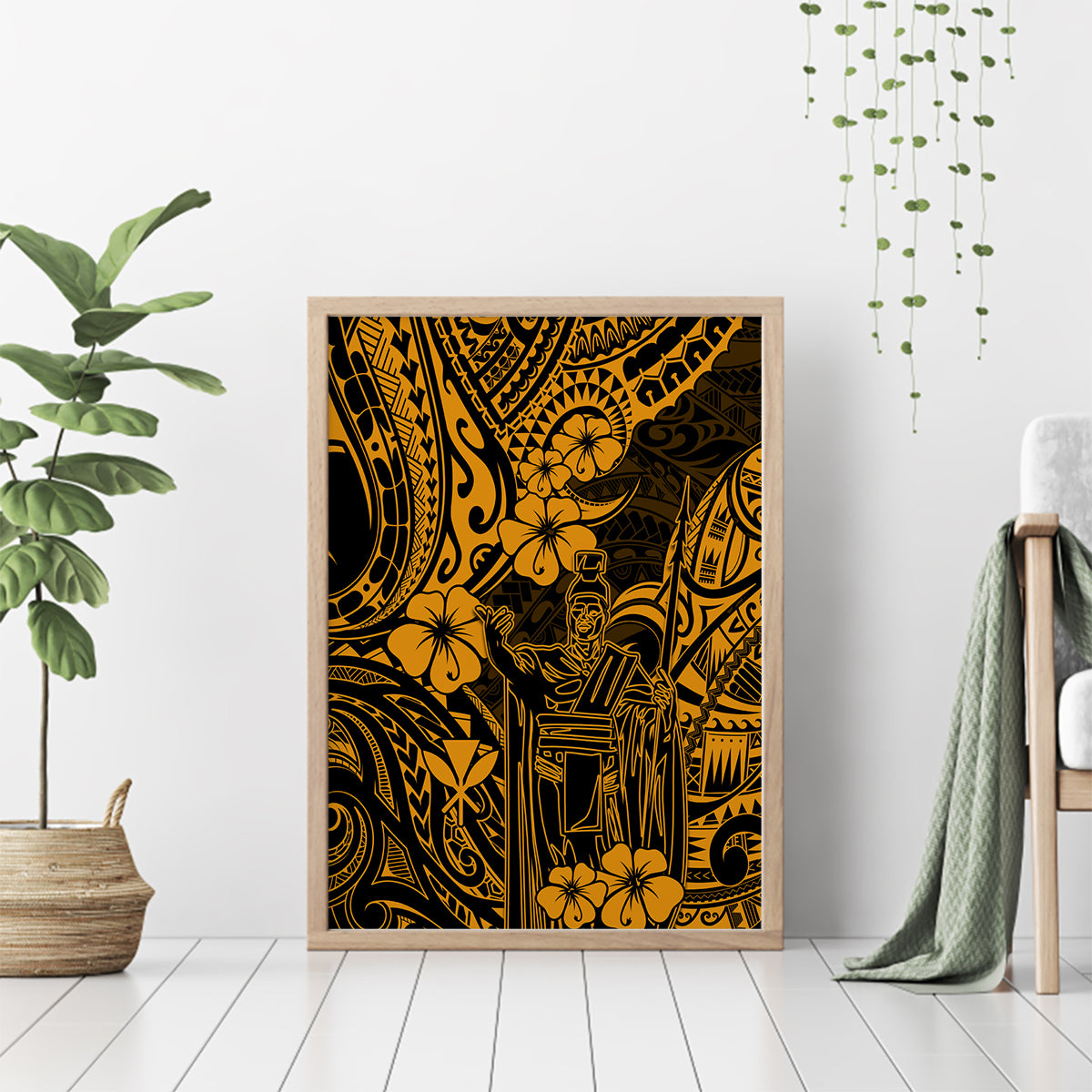 Hawaii King Kamehameha Canvas Wall Art Polynesian Pattern Gold Version - Wonder Print Shop