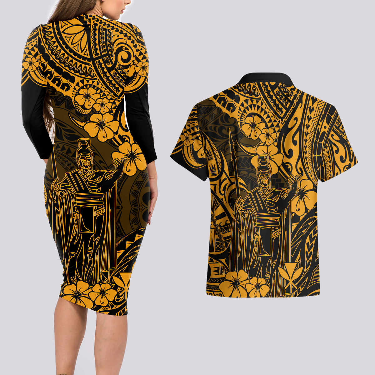 Hawaii King Kamehameha Couples Matching Long Sleeve Bodycon Dress and Hawaiian Shirt Polynesian Pattern Gold Version - Wonder Print Shop