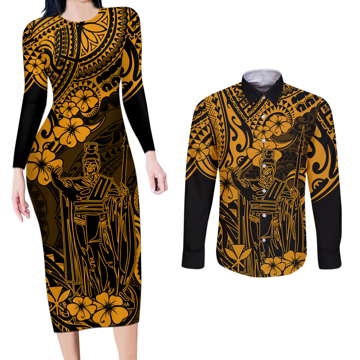 Hawaii King Kamehameha Couples Matching Long Sleeve Bodycon Dress and Long Sleeve Button Shirts Polynesian Pattern Gold Version - Wonder Print Shop
