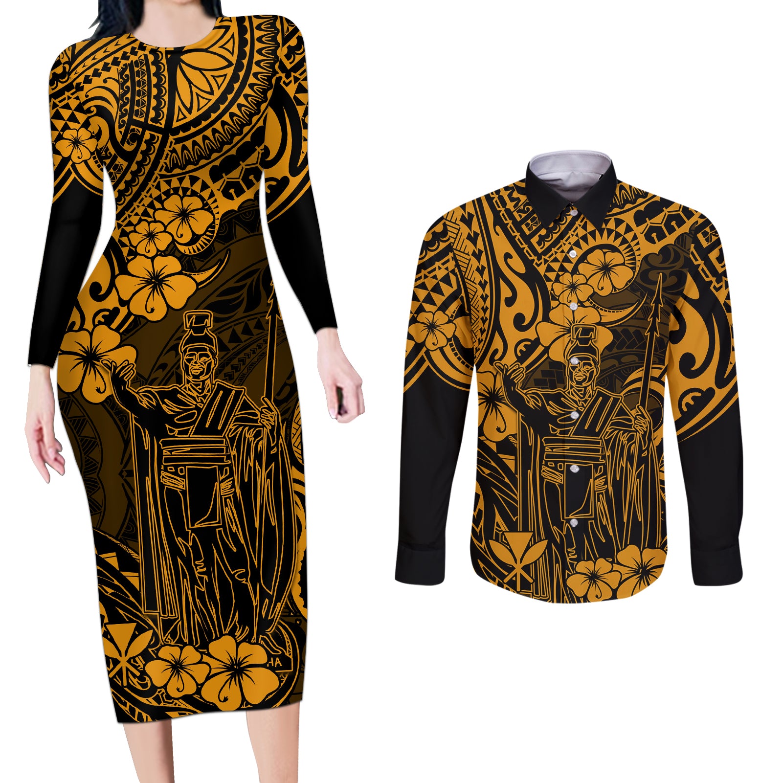 Hawaii King Kamehameha Couples Matching Long Sleeve Bodycon Dress and Long Sleeve Button Shirts Polynesian Pattern Gold Version - Wonder Print Shop