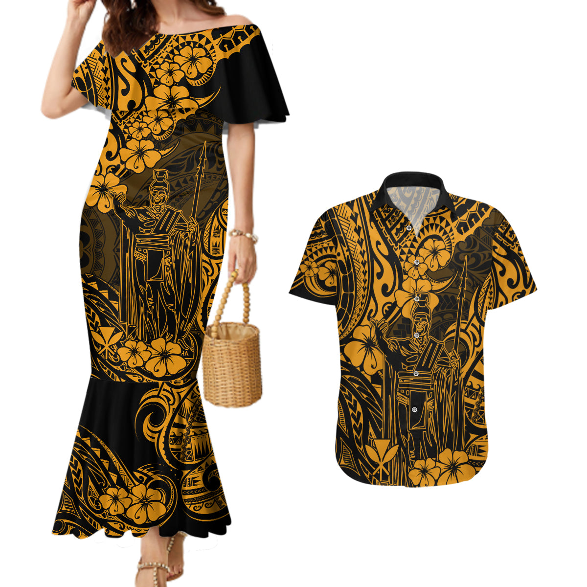 Hawaii King Kamehameha Couples Matching Mermaid Dress and Hawaiian Shirt Polynesian Pattern Gold Version - Wonder Print Shop