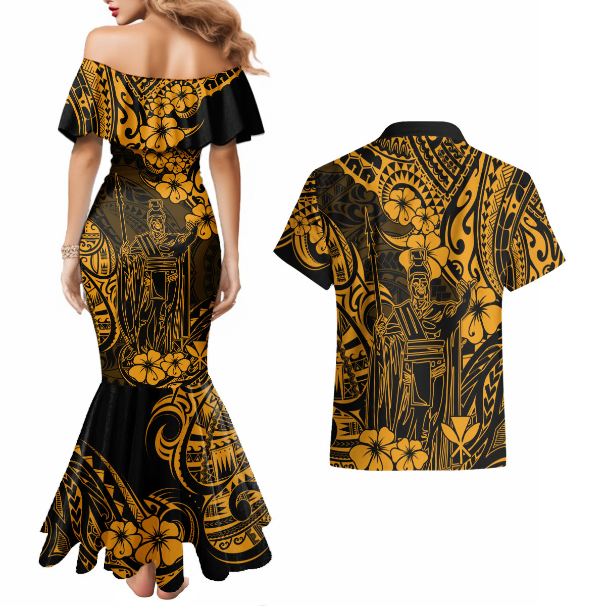 Hawaii King Kamehameha Couples Matching Mermaid Dress and Hawaiian Shirt Polynesian Pattern Gold Version - Wonder Print Shop