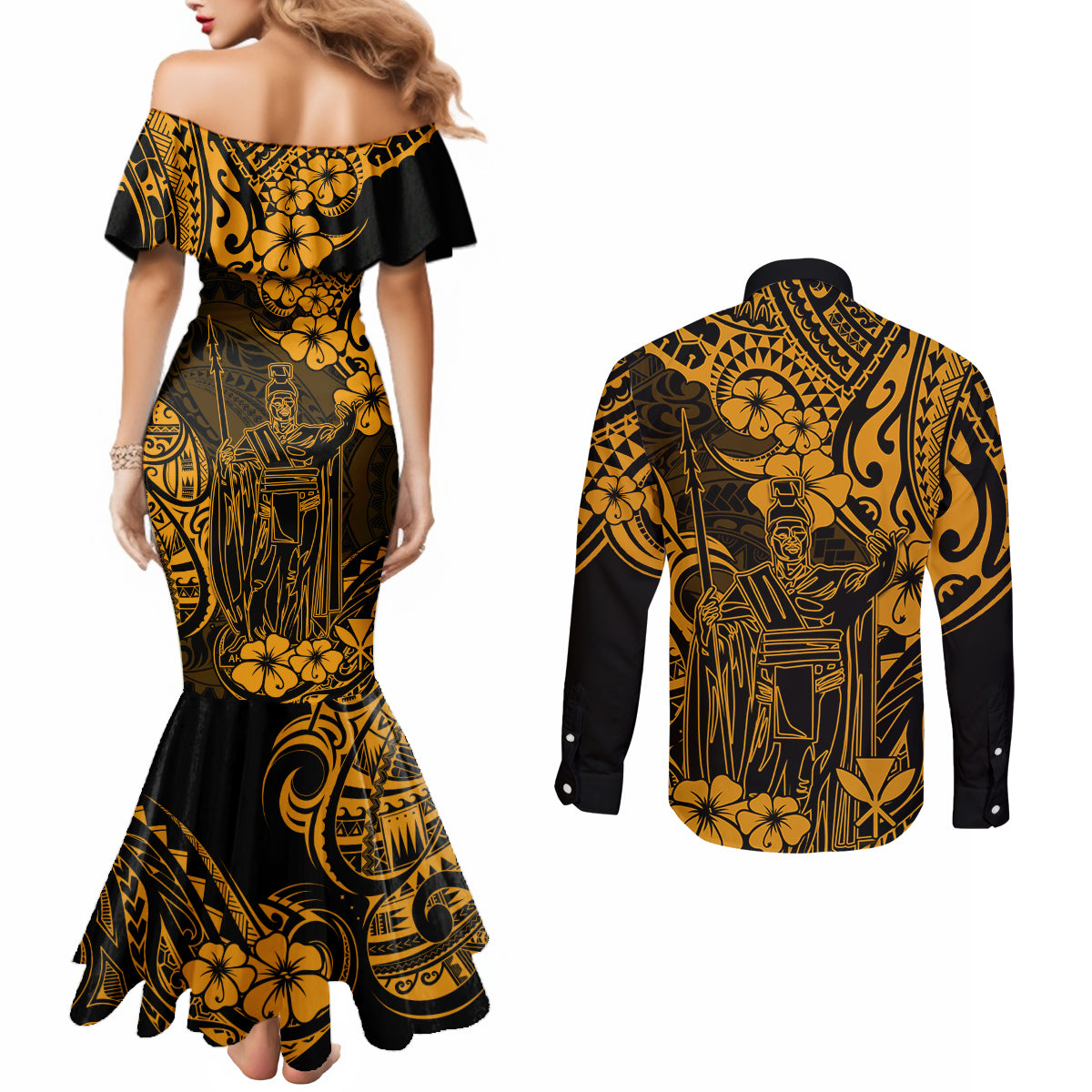 hawaii-king-kamehameha-couples-matching-mermaid-dress-and-long-sleeve-button-shirts-polynesian-pattern-gold-version