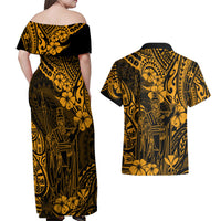 Hawaii King Kamehameha Couples Matching Off Shoulder Maxi Dress and Hawaiian Shirt Polynesian Pattern Gold Version - Wonder Print Shop