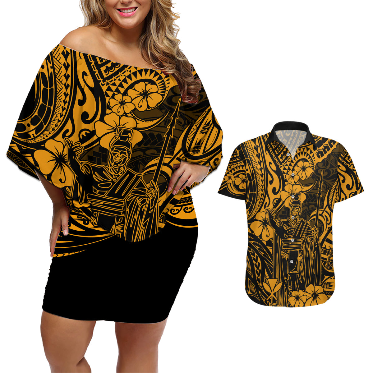 Hawaii King Kamehameha Couples Matching Off Shoulder Short Dress and Hawaiian Shirt Polynesian Pattern Gold Version - Wonder Print Shop