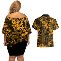 Hawaii King Kamehameha Couples Matching Off Shoulder Short Dress and Hawaiian Shirt Polynesian Pattern Gold Version - Wonder Print Shop