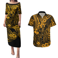 Hawaii King Kamehameha Couples Matching Puletasi Dress and Hawaiian Shirt Polynesian Pattern Gold Version - Wonder Print Shop