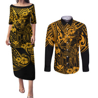 Hawaii King Kamehameha Couples Matching Puletasi Dress and Long Sleeve Button Shirts Polynesian Pattern Gold Version - Wonder Print Shop
