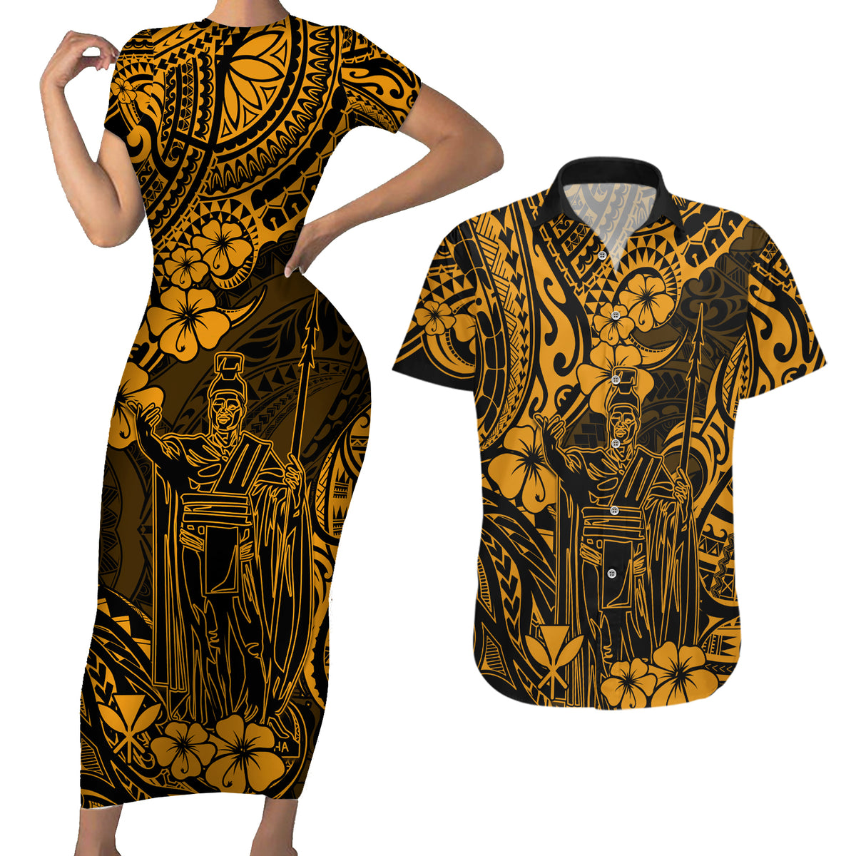 Hawaii King Kamehameha Couples Matching Short Sleeve Bodycon Dress and Hawaiian Shirt Polynesian Pattern Gold Version - Wonder Print Shop