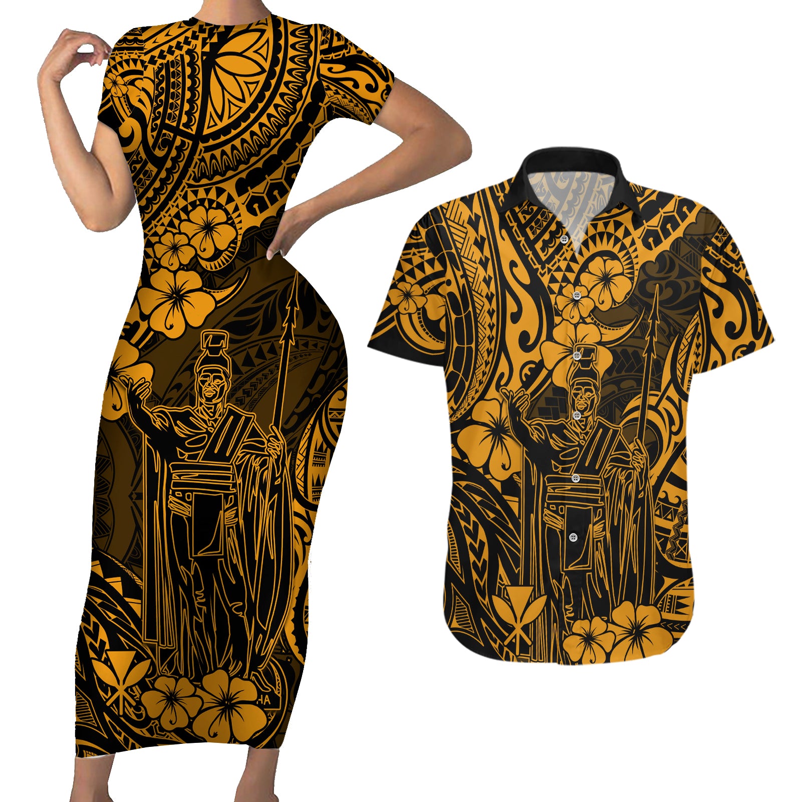 Hawaii King Kamehameha Couples Matching Short Sleeve Bodycon Dress and Hawaiian Shirt Polynesian Pattern Gold Version - Wonder Print Shop