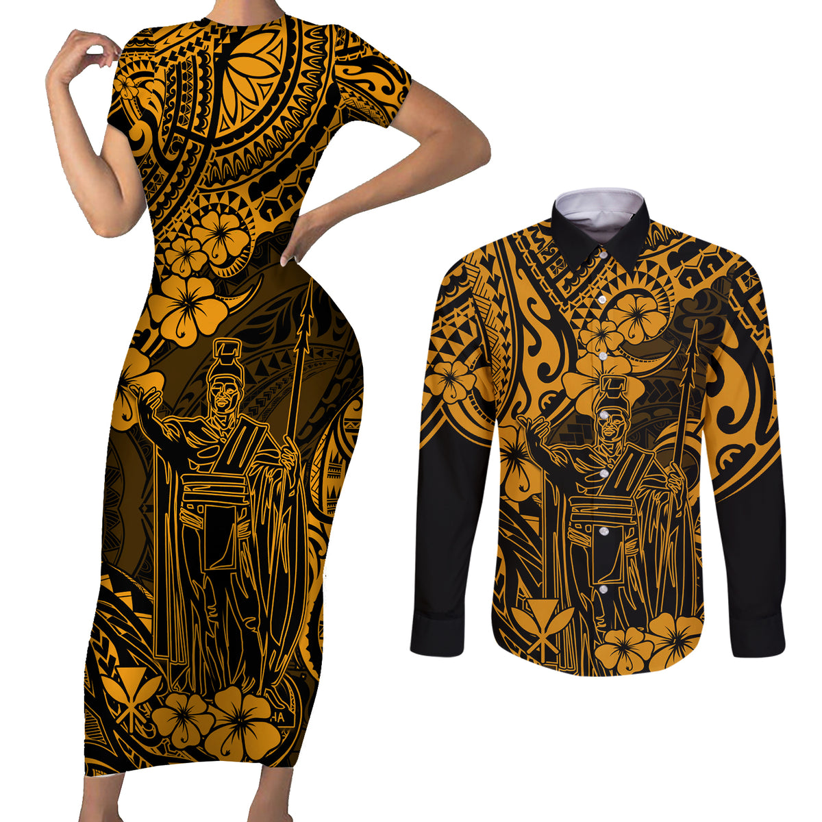 Hawaii King Kamehameha Couples Matching Short Sleeve Bodycon Dress and Long Sleeve Button Shirts Polynesian Pattern Gold Version - Wonder Print Shop