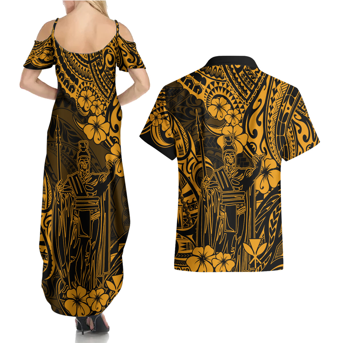 Hawaii King Kamehameha Couples Matching Summer Maxi Dress and Hawaiian Shirt Polynesian Pattern Gold Version - Wonder Print Shop
