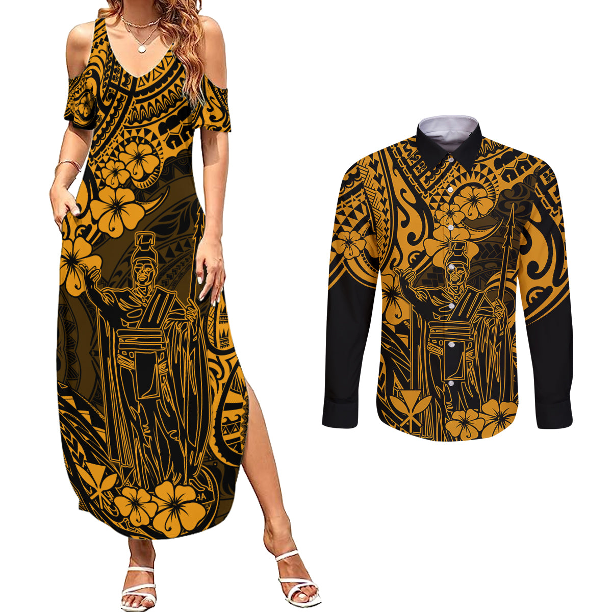 Hawaii King Kamehameha Couples Matching Summer Maxi Dress and Long Sleeve Button Shirts Polynesian Pattern Gold Version - Wonder Print Shop