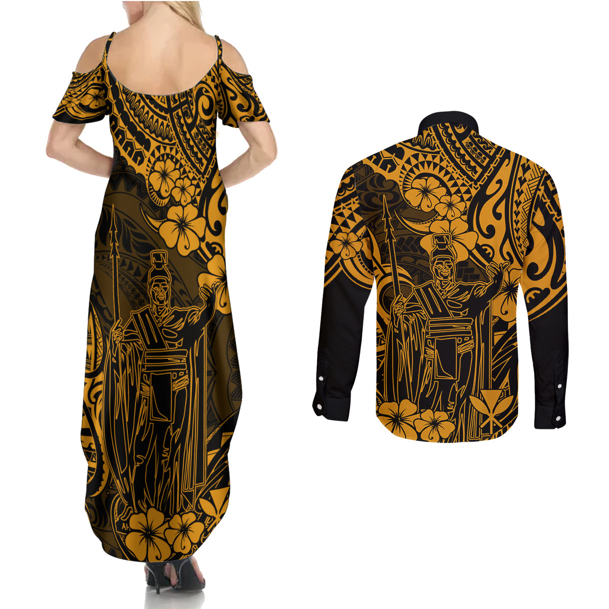 Hawaii King Kamehameha Couples Matching Summer Maxi Dress and Long Sleeve Button Shirts Polynesian Pattern Gold Version - Wonder Print Shop