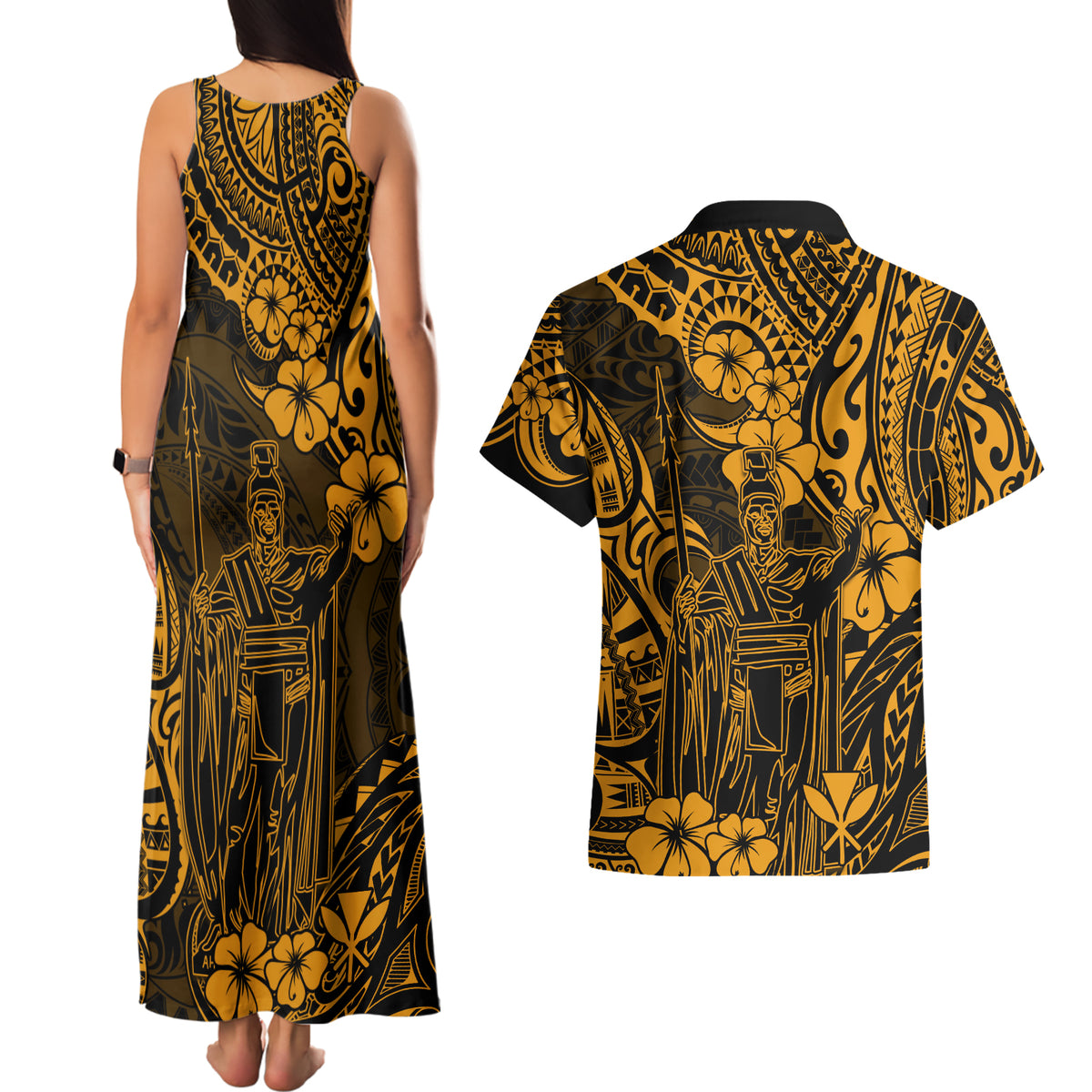 Hawaii King Kamehameha Couples Matching Tank Maxi Dress and Hawaiian Shirt Polynesian Pattern Gold Version - Wonder Print Shop