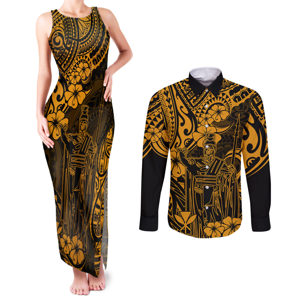 Hawaii King Kamehameha Couples Matching Tank Maxi Dress and Long Sleeve Button Shirts Polynesian Pattern Gold Version - Wonder Print Shop