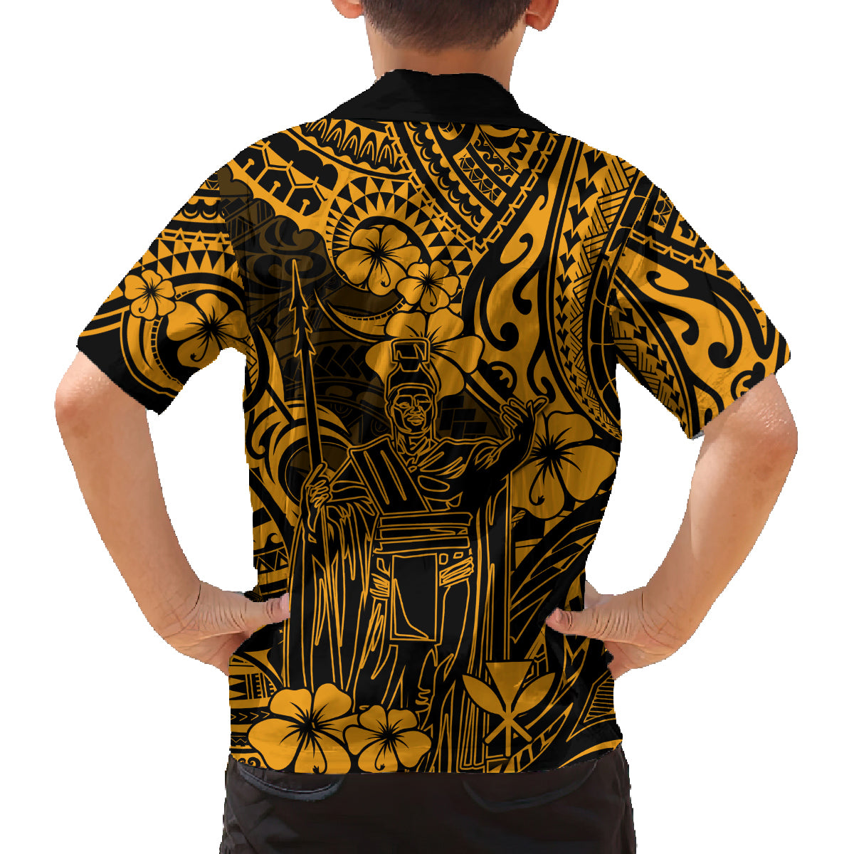Hawaii King Kamehameha Family Matching Long Sleeve Bodycon Dress and Hawaiian Shirt Polynesian Pattern Gold Version - Wonder Print Shop