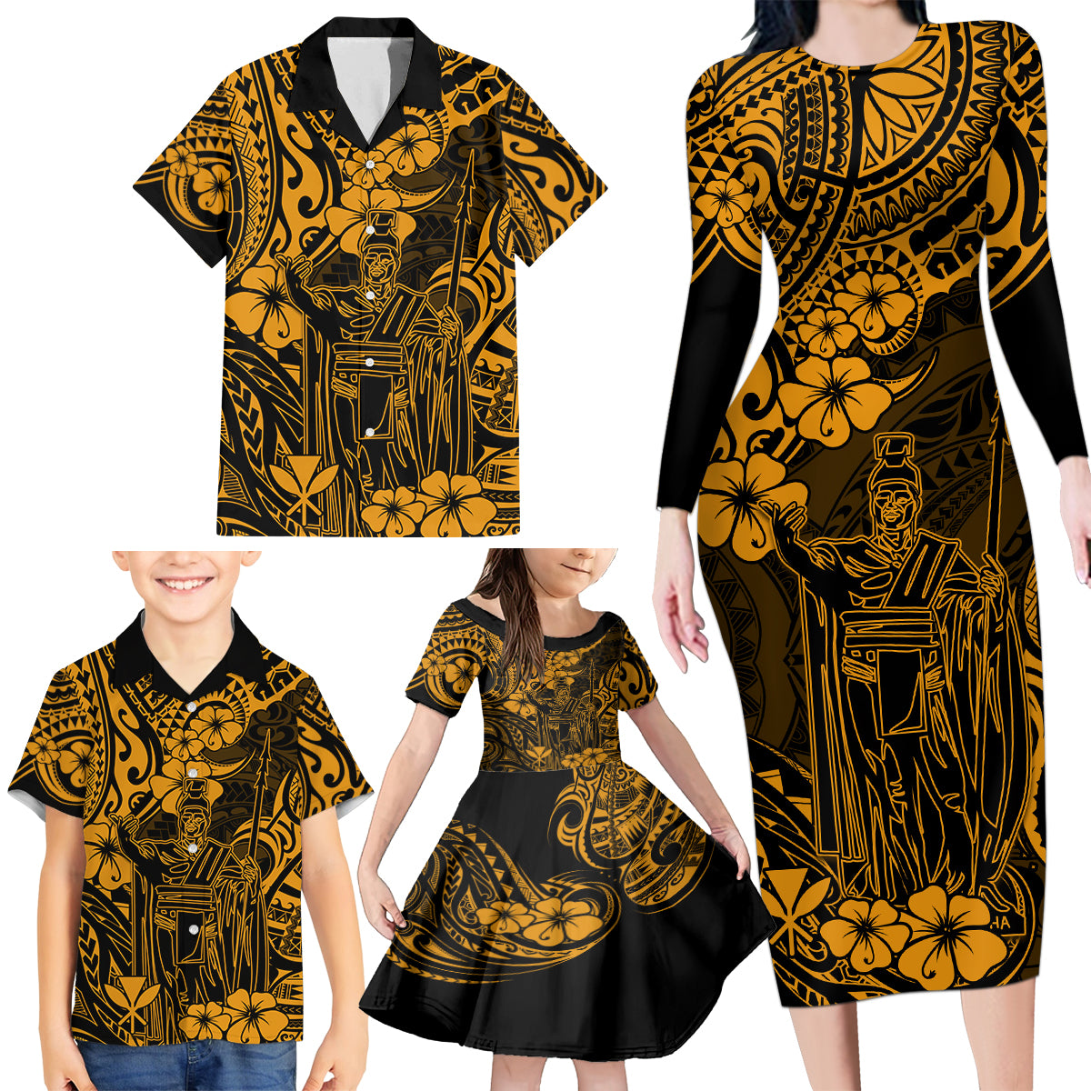 Hawaii King Kamehameha Family Matching Long Sleeve Bodycon Dress and Hawaiian Shirt Polynesian Pattern Gold Version - Wonder Print Shop