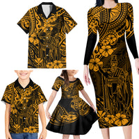 Hawaii King Kamehameha Family Matching Long Sleeve Bodycon Dress and Hawaiian Shirt Polynesian Pattern Gold Version - Wonder Print Shop