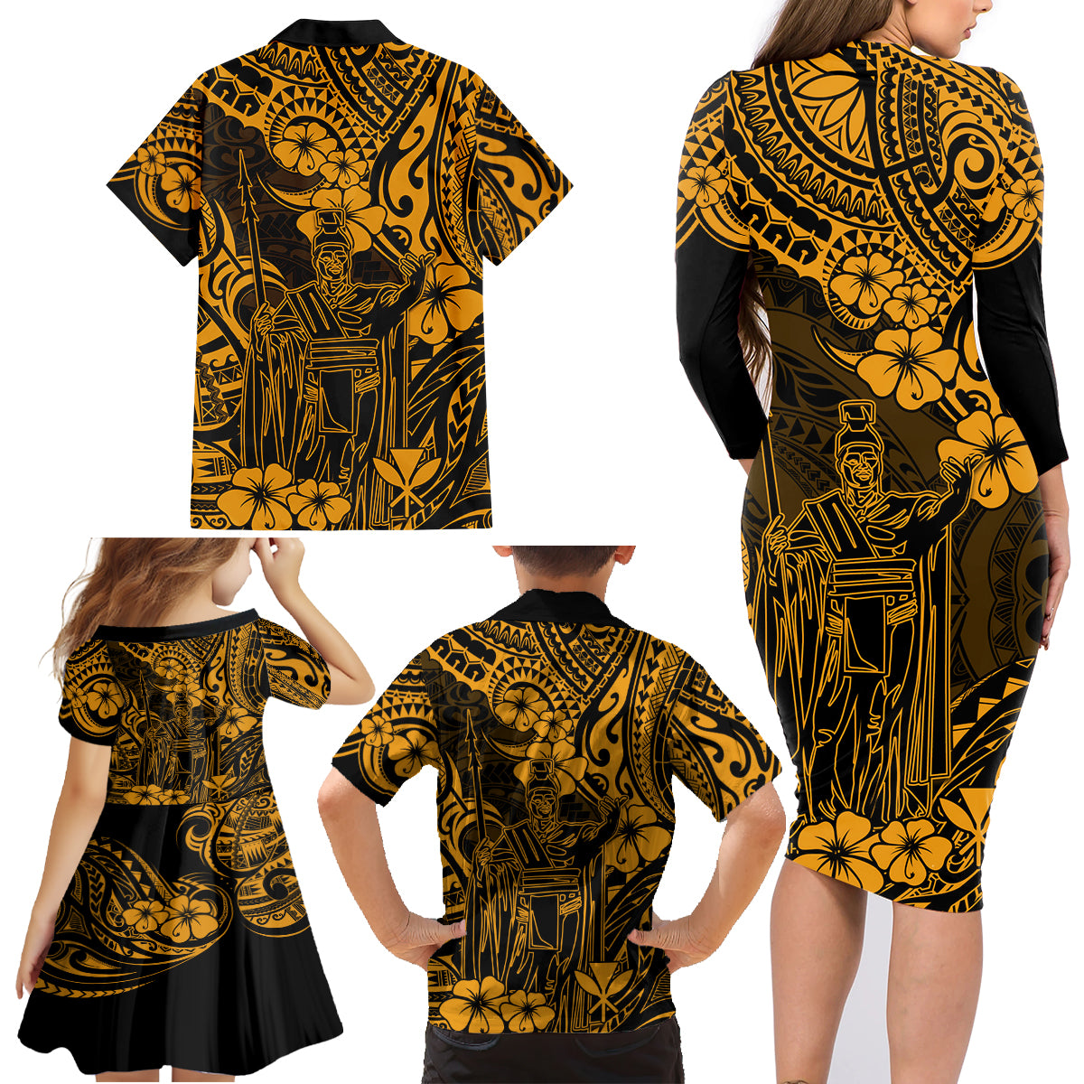 Hawaii King Kamehameha Family Matching Long Sleeve Bodycon Dress and Hawaiian Shirt Polynesian Pattern Gold Version - Wonder Print Shop