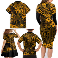 Hawaii King Kamehameha Family Matching Long Sleeve Bodycon Dress and Hawaiian Shirt Polynesian Pattern Gold Version - Wonder Print Shop