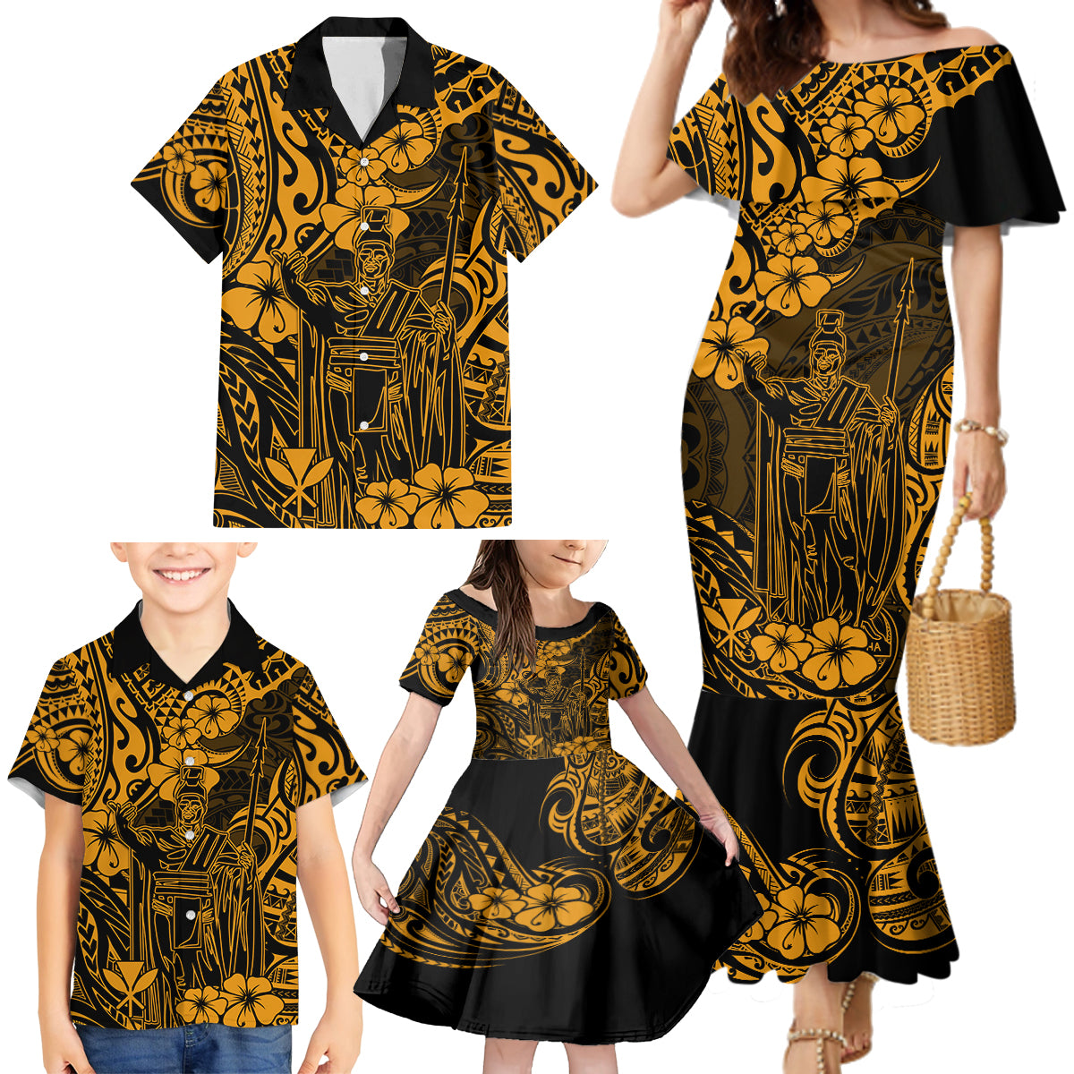 Hawaii King Kamehameha Family Matching Mermaid Dress and Hawaiian Shirt Polynesian Pattern Gold Version - Wonder Print Shop