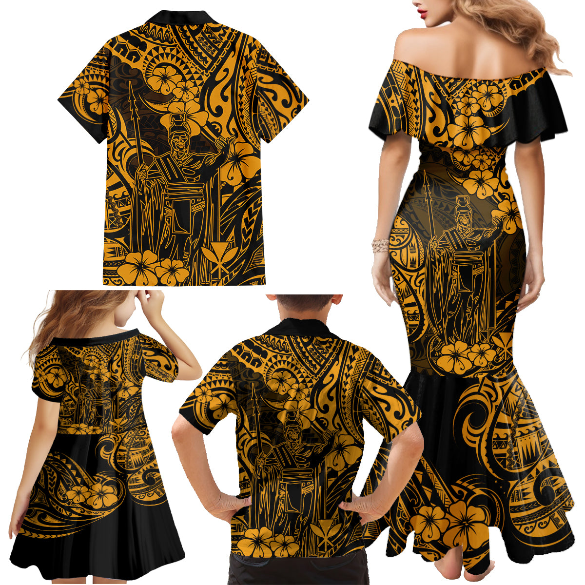 Hawaii King Kamehameha Family Matching Mermaid Dress and Hawaiian Shirt Polynesian Pattern Gold Version - Wonder Print Shop