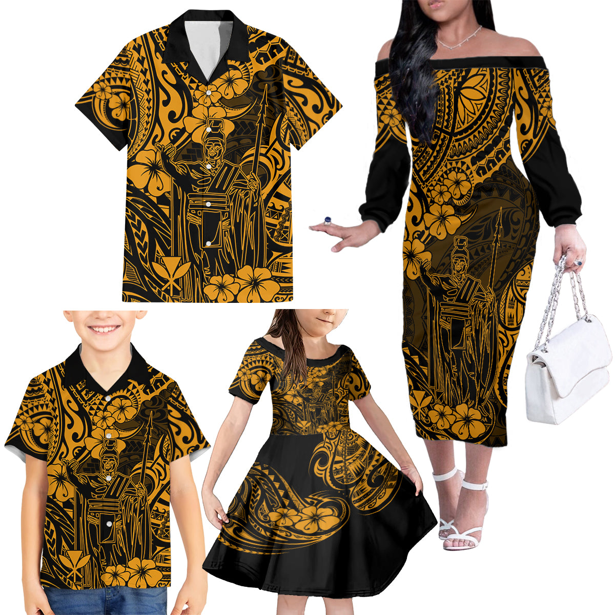 Hawaii King Kamehameha Family Matching Off Shoulder Long Sleeve Dress and Hawaiian Shirt Polynesian Pattern Gold Version - Wonder Print Shop