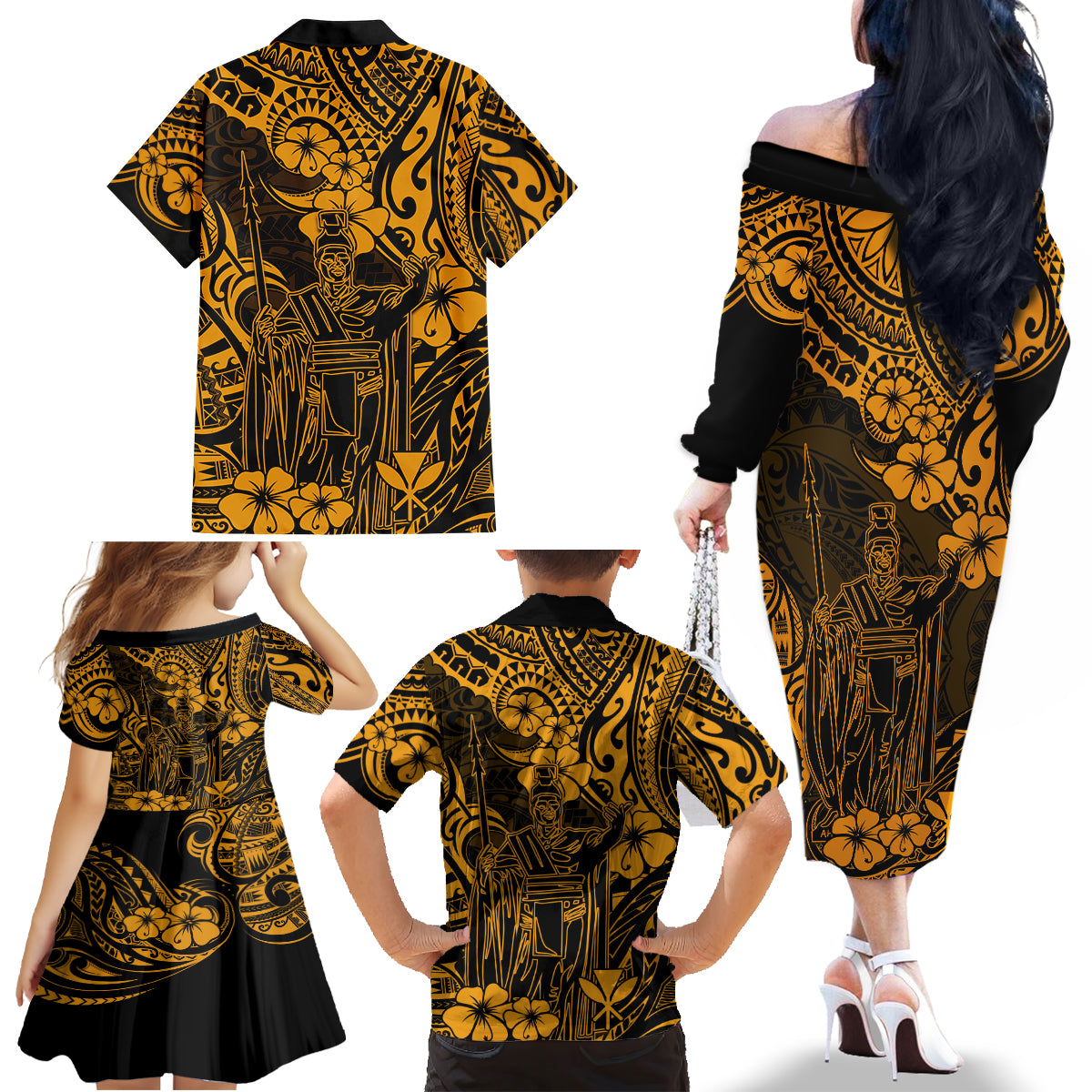 Hawaii King Kamehameha Family Matching Off Shoulder Long Sleeve Dress and Hawaiian Shirt Polynesian Pattern Gold Version - Wonder Print Shop