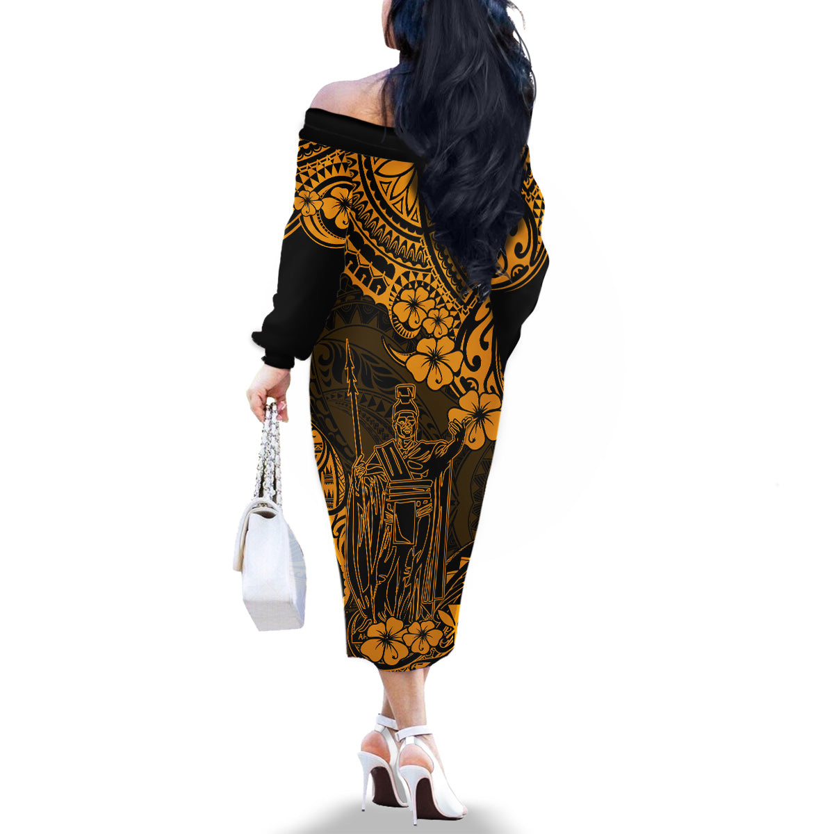 Hawaii King Kamehameha Family Matching Off Shoulder Long Sleeve Dress and Hawaiian Shirt Polynesian Pattern Gold Version - Wonder Print Shop