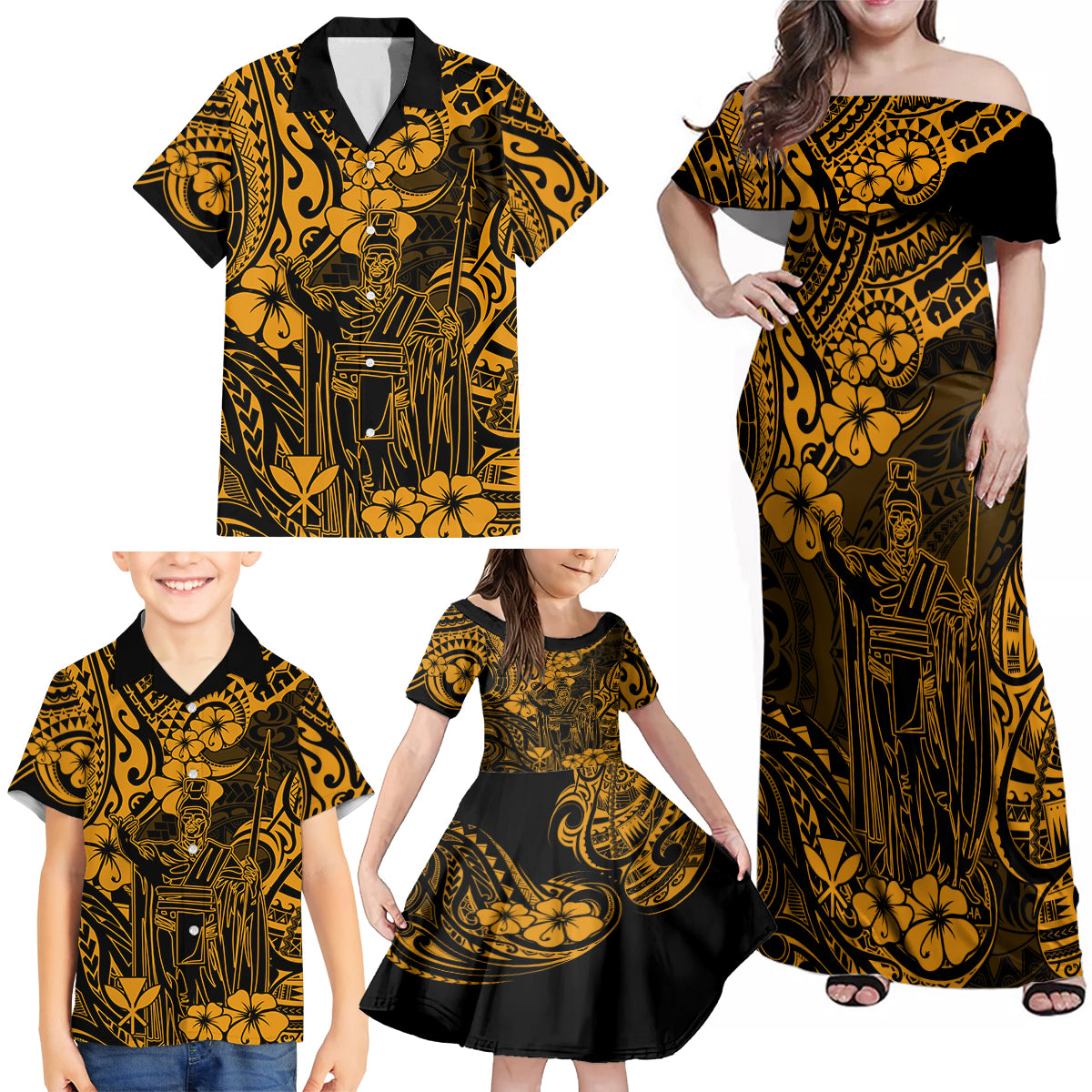 Hawaii King Kamehameha Family Matching Off Shoulder Maxi Dress and Hawaiian Shirt Polynesian Pattern Gold Version - Wonder Print Shop