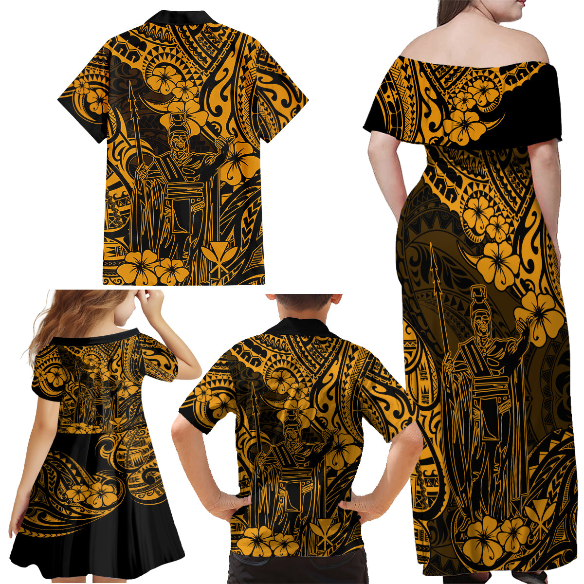 Hawaii King Kamehameha Family Matching Off Shoulder Maxi Dress and Hawaiian Shirt Polynesian Pattern Gold Version - Wonder Print Shop
