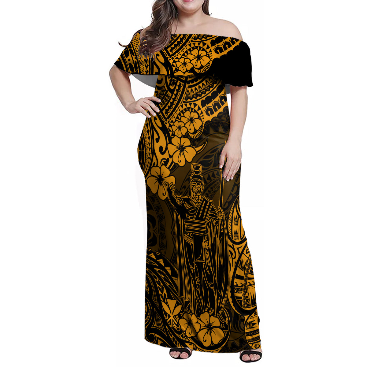 Hawaii King Kamehameha Family Matching Off Shoulder Maxi Dress and Hawaiian Shirt Polynesian Pattern Gold Version - Wonder Print Shop