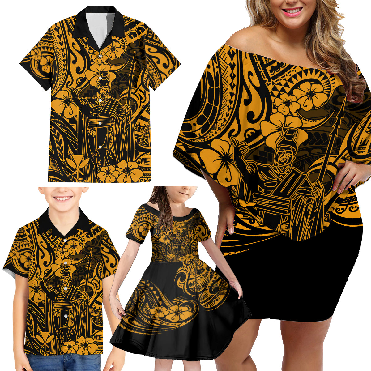 Hawaii King Kamehameha Family Matching Off Shoulder Short Dress and Hawaiian Shirt Polynesian Pattern Gold Version - Wonder Print Shop