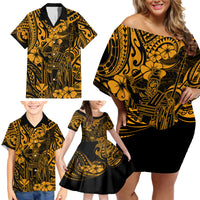 Hawaii King Kamehameha Family Matching Off Shoulder Short Dress and Hawaiian Shirt Polynesian Pattern Gold Version - Wonder Print Shop