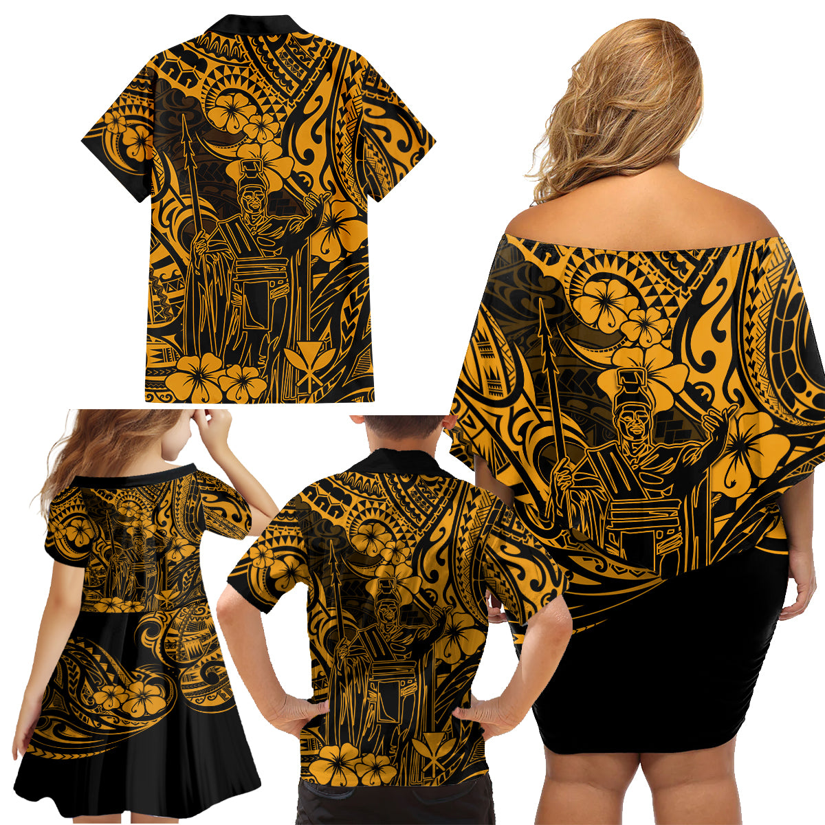 Hawaii King Kamehameha Family Matching Off Shoulder Short Dress and Hawaiian Shirt Polynesian Pattern Gold Version - Wonder Print Shop