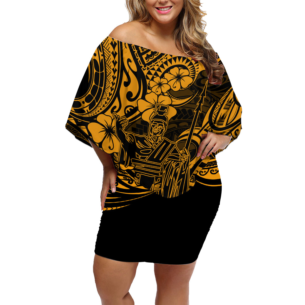 Hawaii King Kamehameha Family Matching Off Shoulder Short Dress and Hawaiian Shirt Polynesian Pattern Gold Version - Wonder Print Shop