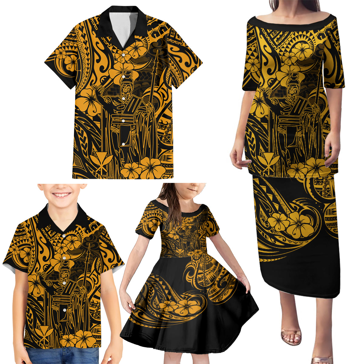 Hawaii King Kamehameha Family Matching Puletasi Dress and Hawaiian Shirt Polynesian Pattern Gold Version - Wonder Print Shop