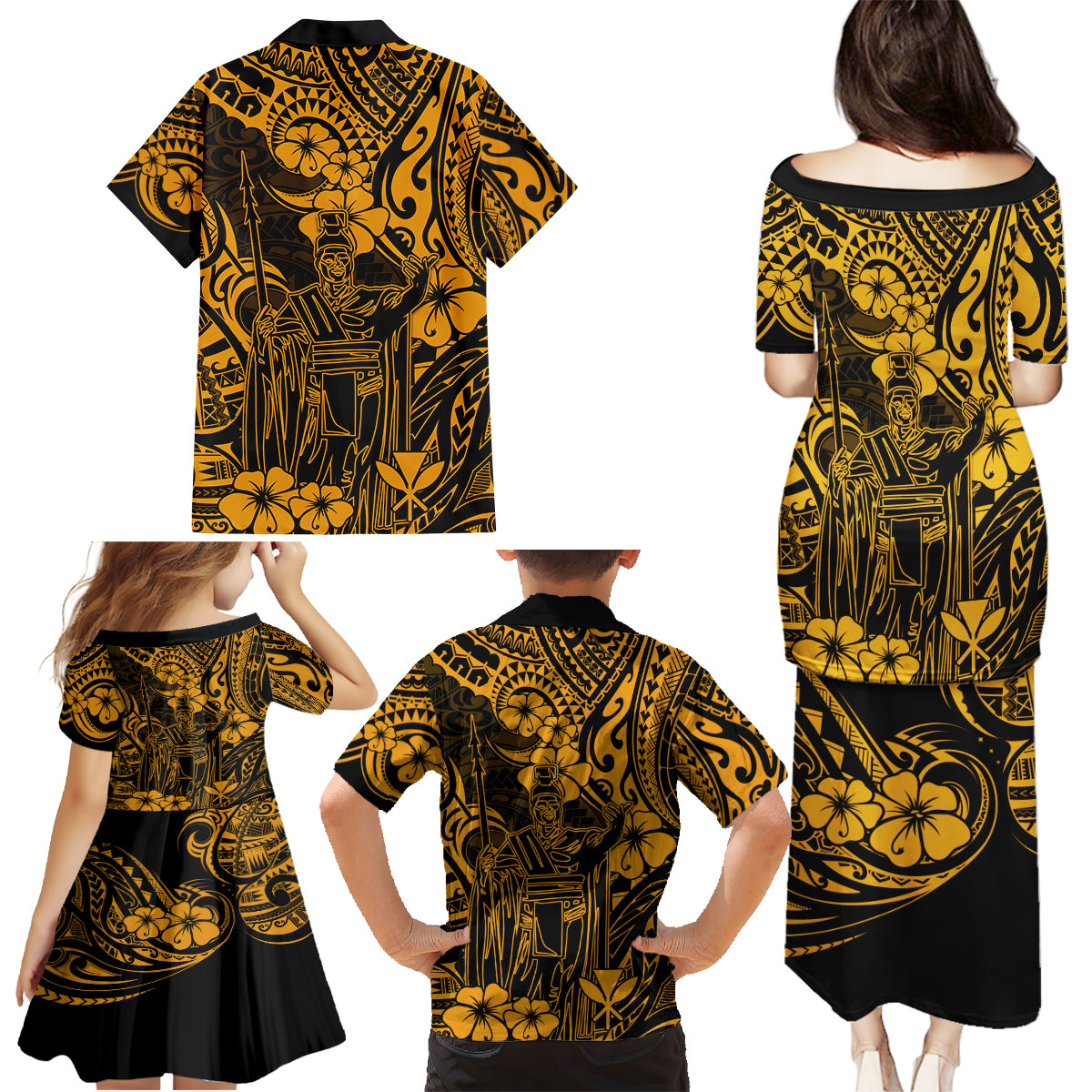 Hawaii King Kamehameha Family Matching Puletasi Dress and Hawaiian Shirt Polynesian Pattern Gold Version - Wonder Print Shop