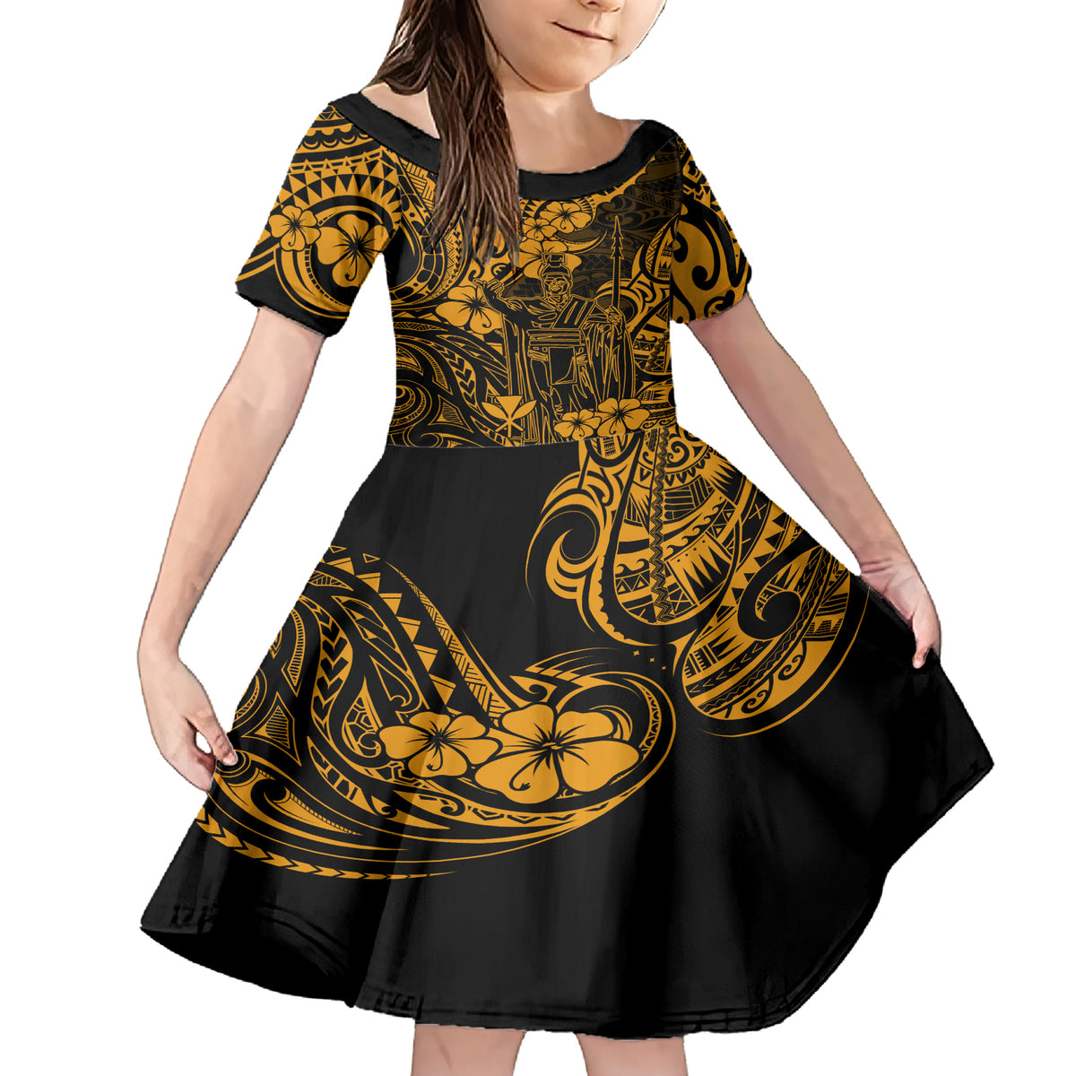 Hawaii King Kamehameha Family Matching Short Sleeve Bodycon Dress and Hawaiian Shirt Polynesian Pattern Gold Version - Wonder Print Shop