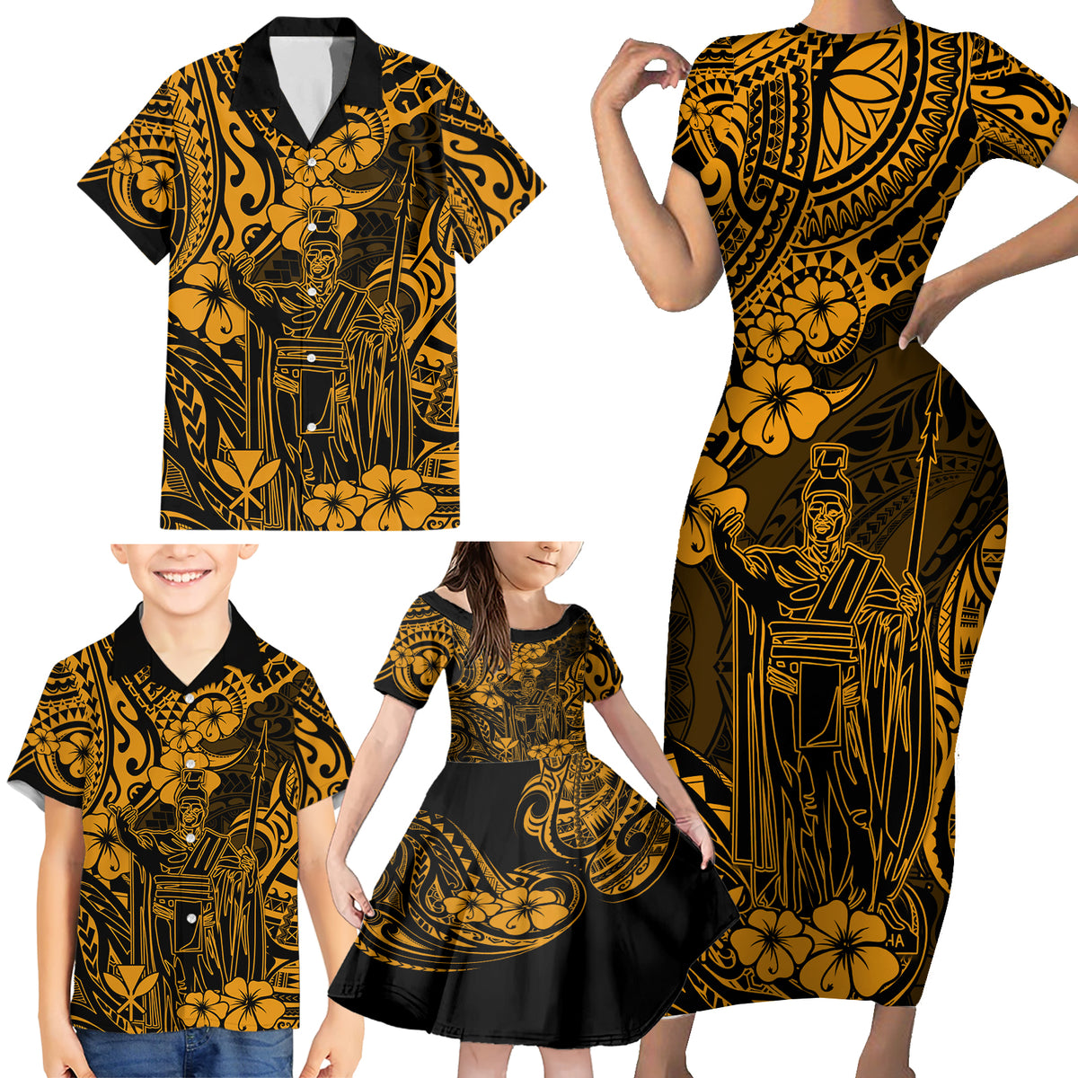Hawaii King Kamehameha Family Matching Short Sleeve Bodycon Dress and Hawaiian Shirt Polynesian Pattern Gold Version - Wonder Print Shop