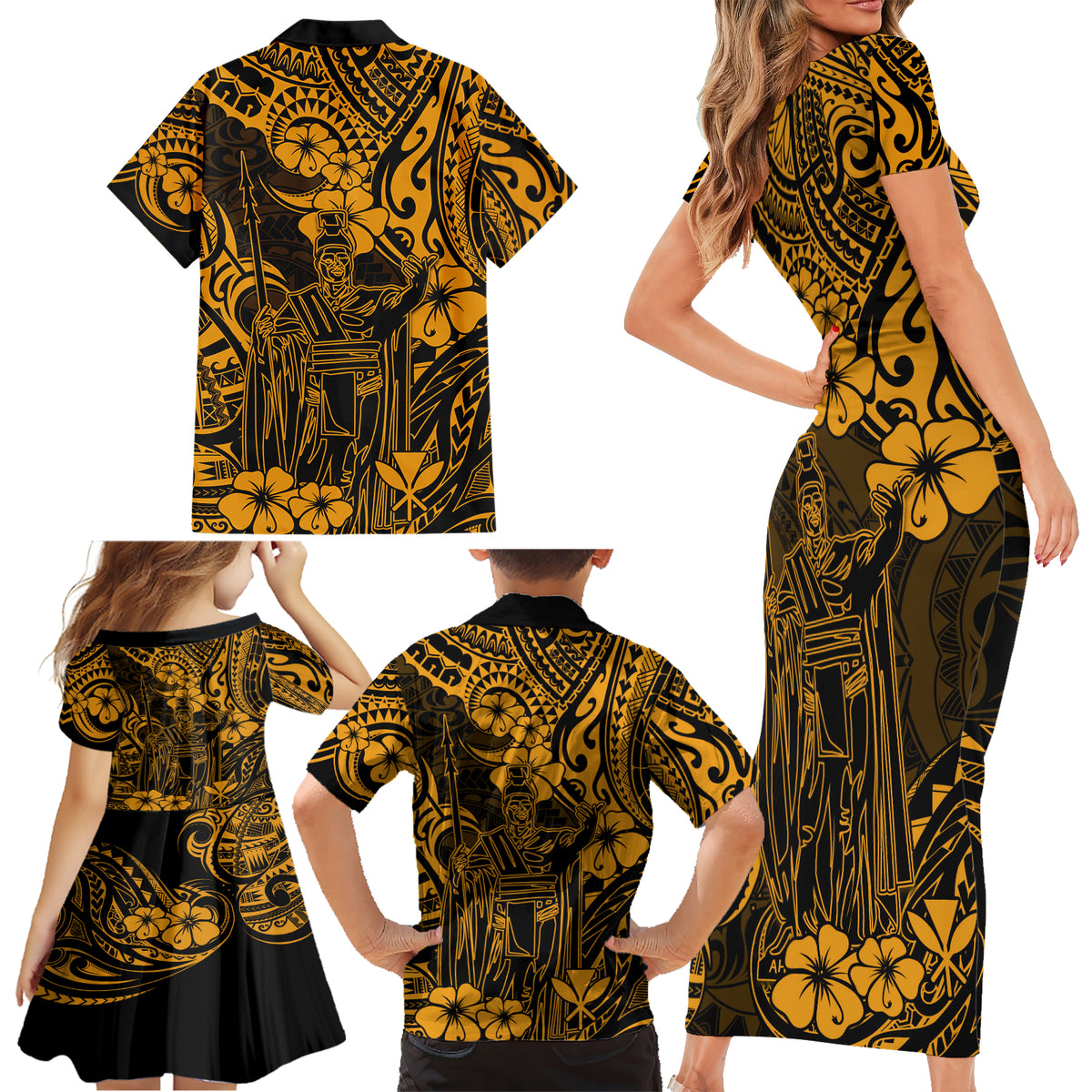 Hawaii King Kamehameha Family Matching Short Sleeve Bodycon Dress and Hawaiian Shirt Polynesian Pattern Gold Version - Wonder Print Shop