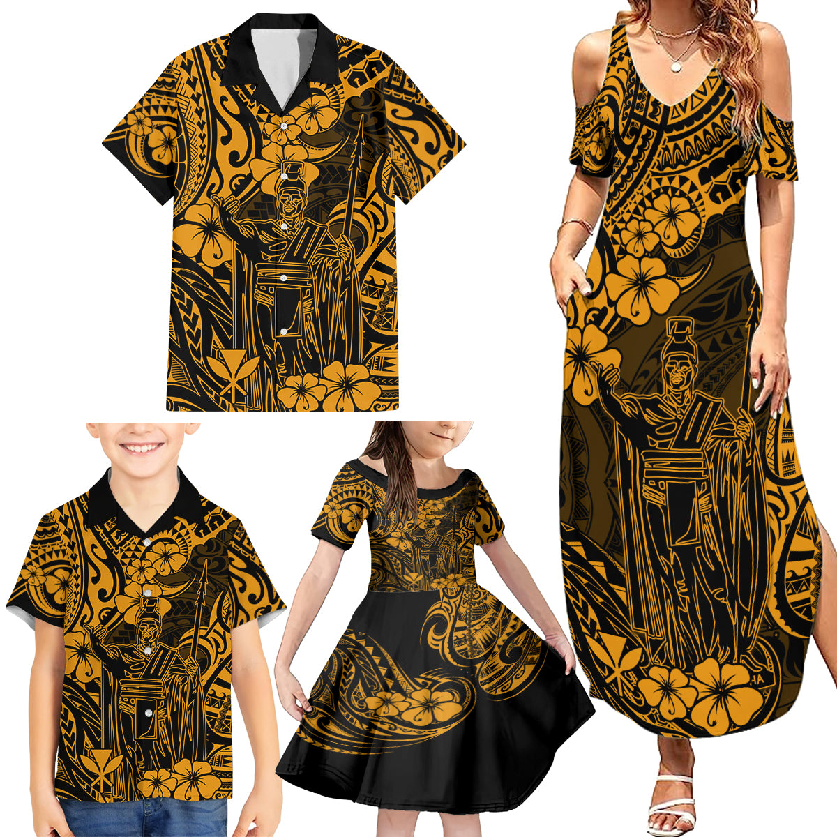 Hawaii King Kamehameha Family Matching Summer Maxi Dress and Hawaiian Shirt Polynesian Pattern Gold Version - Wonder Print Shop
