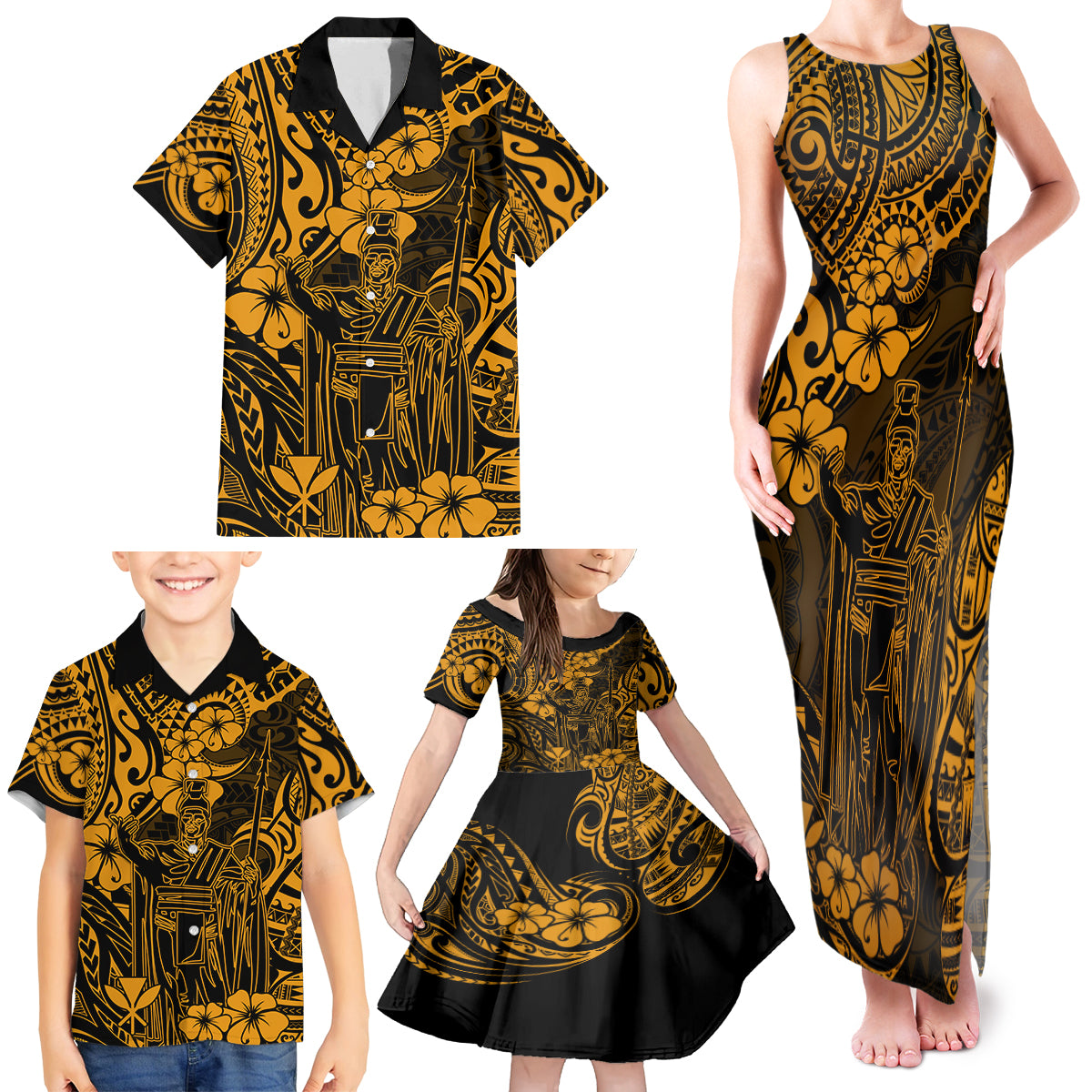 Hawaii King Kamehameha Family Matching Tank Maxi Dress and Hawaiian Shirt Polynesian Pattern Gold Version - Wonder Print Shop