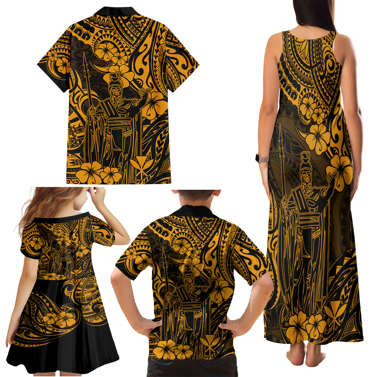 Hawaii King Kamehameha Family Matching Tank Maxi Dress and Hawaiian Shirt Polynesian Pattern Gold Version - Wonder Print Shop