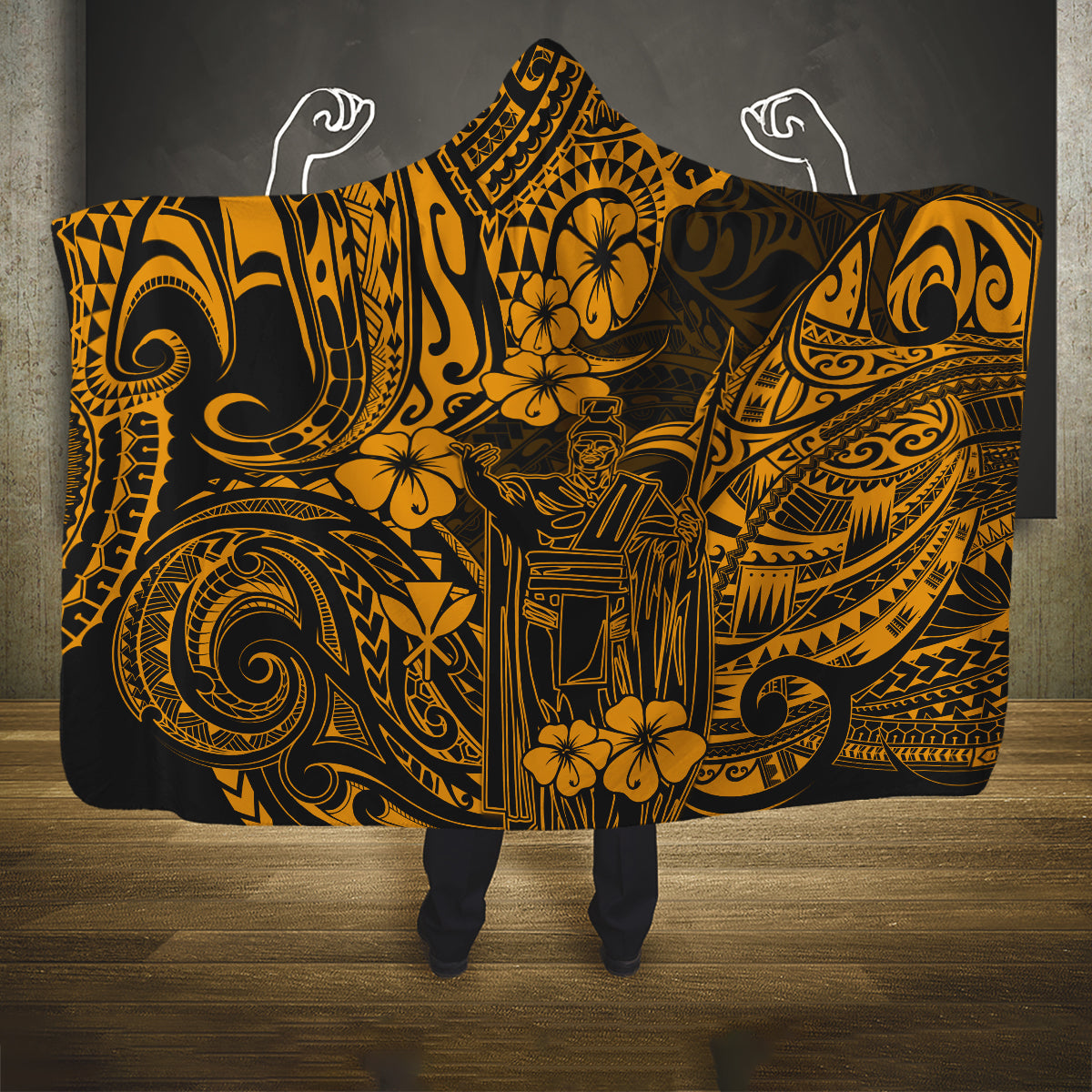 hawaii-king-kamehameha-hooded-blanket-polynesian-pattern-gold-version