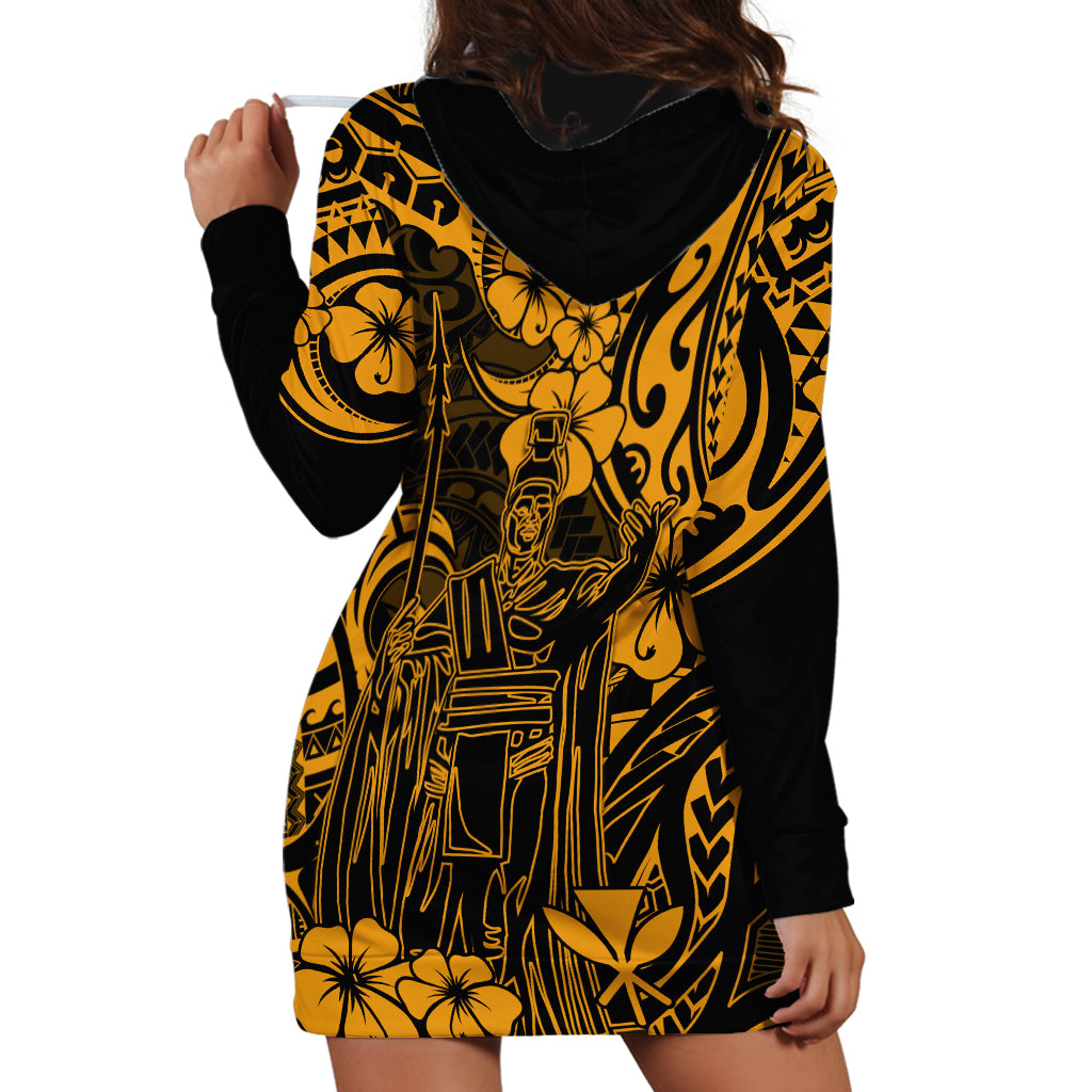 Hawaii King Kamehameha Hoodie Dress Polynesian Pattern Gold Version - Wonder Print Shop